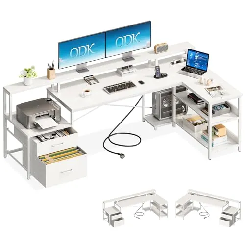 ODK Escritorio Esquinero con 2 Cajones y Estanteria, 189.3×100cm, Blanco