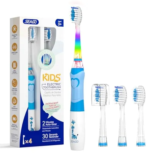 Seago Kids Cepillo de Dientes Eléctrico, Luz LED, IPX7 Impermeable