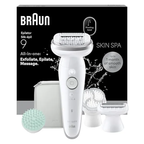 Braun Silk·épil 9 SkinSpa Depiladora Eléctrica Mujer Con Cepillo Exfoliante, Almohadilla De Masaje Y Peine Recortador, Depila, Rasura y Recorta, Uso En Seco Y Mojado, Depilación Suave Duradera, 9-080