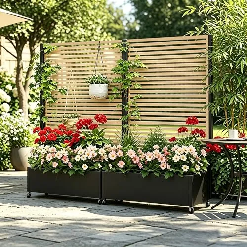 BIXUYOU Jardinera metálica para Exterior con Enrejado, bancal Elevado de Metal con Ruedas, Jardinera Independiente con privacidad para Flores y Verduras en jardín, Patio y balcón.