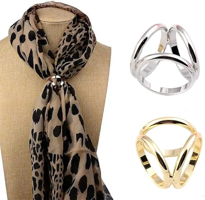 2 piezas de moda para mujer, tres anillos, bufanda, bufanda, hebilla, seda, broches, soporte para envolver ropa (plata + dorado)