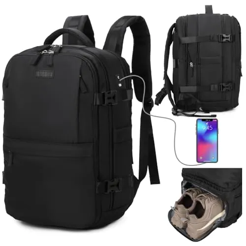 1990s Mochila de viaje cabina expandible para Ryanair 40x25x20-25cm,con bolsa de zapatillas,mochila casual impermeable extensible compatible con portátil 14"-Negro