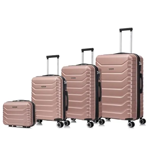 RAYKONG Conjunto de 4 Maletas ABS+PC|Neceser 29cm|Cabina 55x40x20cm|Mediana Expandible 20kg-23kg - 66x45x27.50-30cm|Grande Expandible 23kg-25kg - 75x49x31-33.50cm | RosaDorada