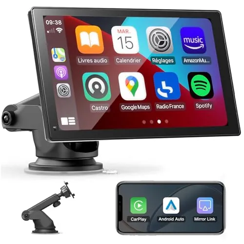 Pantalla Carplay y Android Auto Inalámbrico para Coche 7 Pulgadas - Radio Portátil Táctil HD con Navegación GPS, Bluetooth Manos Libres, Transmisor FM, AUX, AirPlay, Mirror Link & Control por Voz