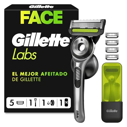GilletteLabs Maquinilla de Afeitar con Barra Exfoliante Integrada, 1 Mango de Metal, 5 Cuchillas de Recambio con Banda Lubricante, 1 Estuche de Viaje, 1 Colgador de Pared