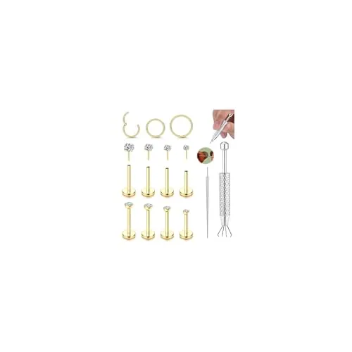 CASSIECA 12 Piezas Oro 18G Piercing Labret Acero Quirúrgico Nariz Oreja Tragus Helix Labio Cartílago Monroe con Circonita Cúbica