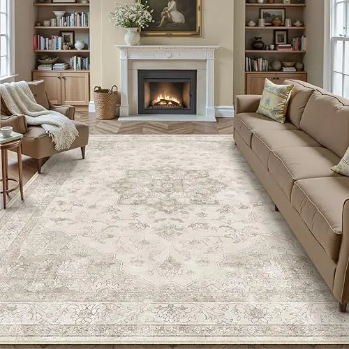 PureCozy Vintage Alfombra Salon 300x400cm Beige Habitacion Lavables en Lavadora Antideslizante Alfombras Sala Dormitorio Cocina Comedor Grande Carpet Pelo Corto Rug