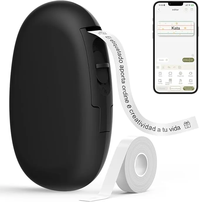 SUPVAN E10 Etiquetadora Bluetooth con Etiquetas 6m Continua Impermeable, App Versátil con 30+ Fuentes 600+ Íconos, para el Hogar, la Cocina, la Escuela y la Oficina, Negro