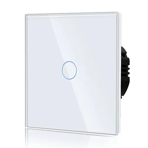 BSEED Interruptor Tactil luz pared,Interruptores Conmutador Modernos,Vidrio Panel con luz Piloto,Sin Función Wifi,1 Gang 2 Vía,86mm Blanco