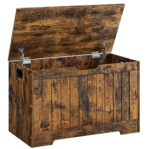 VASAGLE Puff Almacenaje, con 2 Bisagras de Seguridad, 76 x 40 x 48,5 cm | Baúl Almacenaje, Banco Zapatero, Estilo Farmhouse, para Pasillo Dormitorio Salón, Marrón Rústico, Colección SOFIE LHS011T01