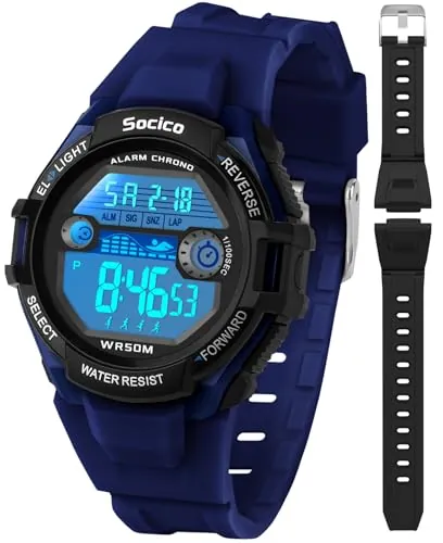 Reloj digital infantil para niños niñas, 2 correas de silicona intercambiables, reloj deportivo resistente al agua hasta 50M con retroiluminación de 7 colores, alarma y cronómetro (Negro con Azul)
