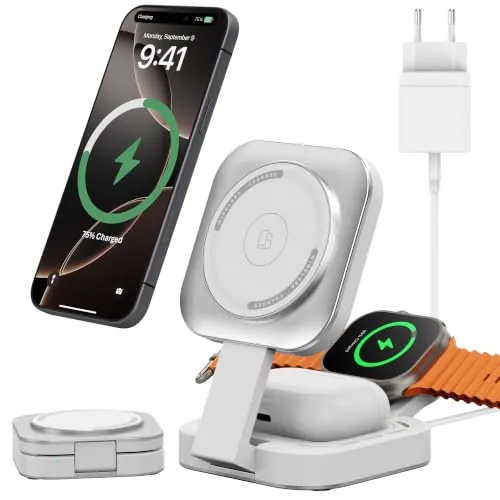 Carga inalámbrica 3 en 1 para Apple Dispositivo, Mini Estación Carga Plegable para Magsafe para iPhone 17/Air/16/15/14/13/12 Serie, Apple Watch Serie y AirPods Pro/2/3/4(Adaptador Incluido) (Plata)
