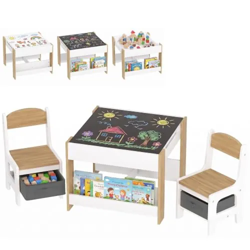 HOMCOM Juego de Mesa y 2 Sillas Infantil 3 en 1 con Pizarra Blanco Natural | Mesa con Sillas para Niños, Cajones de Tela, Espacio de Almacenamiento, para Guardería, Sala de Juegos