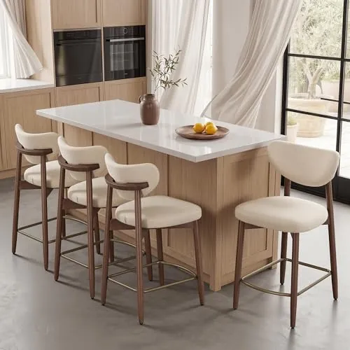 VASAGLE Taburetes de Bar, Madera Maciza, con Respaldo, Juego de 4 | Tela de Aspecto Lino, 50 x 51,5 x 95,5 cm, para Isla de Cocina, Beige Claro, Colección MAZIO
