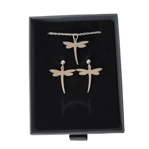 Sandra Complements - Pendientes Libélula y Collar Libélula - Conjunto de joyas para mujer de acero inoxidable en color Plata | Regalo San Valentín, día de la Madre