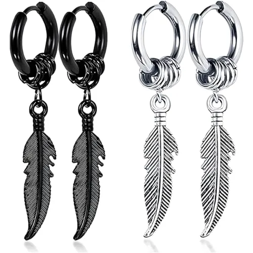 LYQNIHOB Pendientes Negros Largos para Hombre, Pendientes de Plumas Punk Rock, 2 Pares de Cadena con Plumas - Estilo Rock, Hippie y Gótico - Acero Inoxidable Hipoalergénico