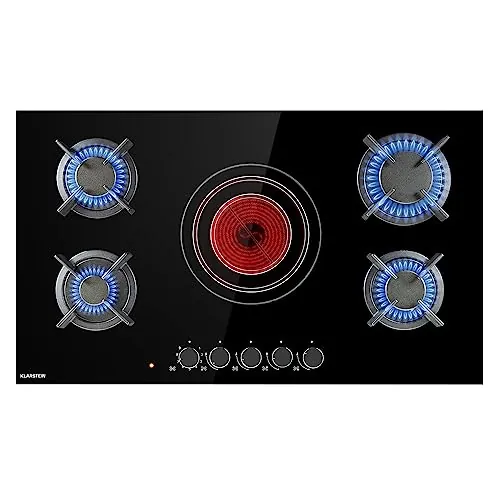 Klarstein Encimera Cocina de Gas, 5 Quemadores, Placa de Gas 9.2kW para Cocina, Cocinas de con Quemador Wok de Acero Inoxidable, Encimera 5 Fuegos con Quemadores de para Casa