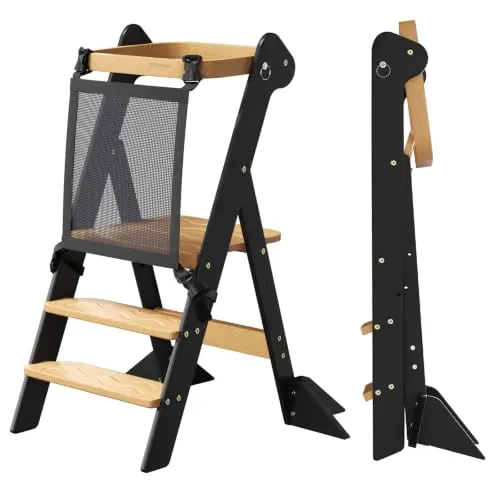 COSYLAND Torre de Aprendizaje Montessori de Madera Plegable Desde 1 Año – Ganadora del Premio iF Design, con Red de Seguridad y Altura Ajustable, Ideal para Cocina y Baño (Negro y Natural)