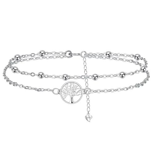J.MUEN Árbol de la Vida Tobilleras para Mujer Plata de Ley 925 Pulseras de Tobilleras Verano Cadena Cumpleaños Regalo para Mujer