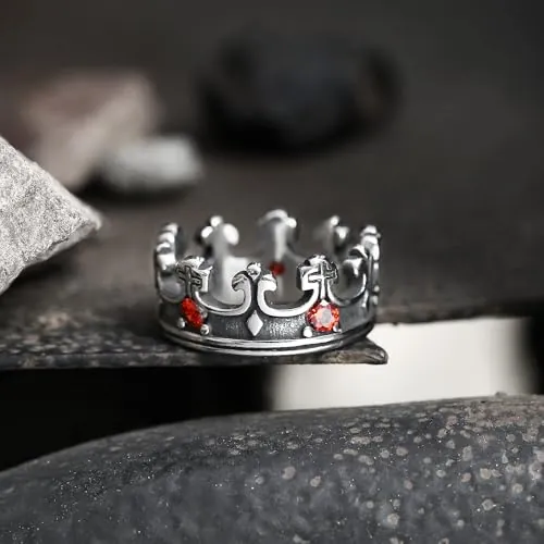 Anillo gótico de acero inoxidable con corona de piedras preciosas romanas, estilo gótico de inspiración retro con acento de piedras preciosas, disponible en múltiples combinaciones de colores, unisex