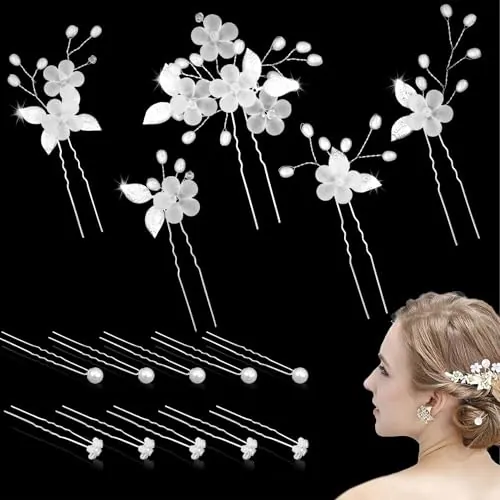 Duoleimi 15 Piezas de Adornos para el Pelo para Bodas, Adornos para el Pelo de Novia con Perlas y Flores, Horquillas en Forma de U para Damas de Honor (3 Estilos, Plata)