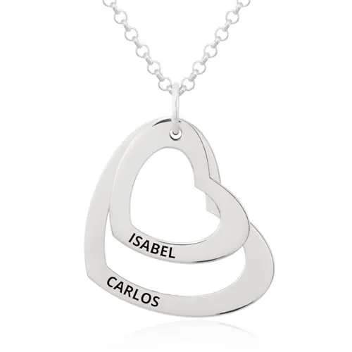 Collar Corazón con Grabación de Nombres Personalizada en Plata de Ley 925 Cadena de 45cm + Alargador. Regalo ideal de San Valentín, para Novia Madre Abuela. Hecho en España. (2 Corazones Plata)