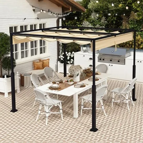 PEILU Pérgola para exteriores de 3 x 3 m, estructura de metal estable, 9 m², cenador de jardín con techo parasol deslizante, para 6-8 personas, toldo independiente, toldo retráctil para jardín