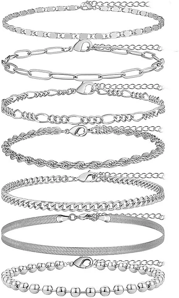 7Pcs Tobilleras para Mujer, tobilleras de plata para mujer, Playa Ajustable Cadena de Tobillo, de estilo bohemio, para cumpleaños, día de la madre,boda,compromiso,aniversario,graduación,fiesta