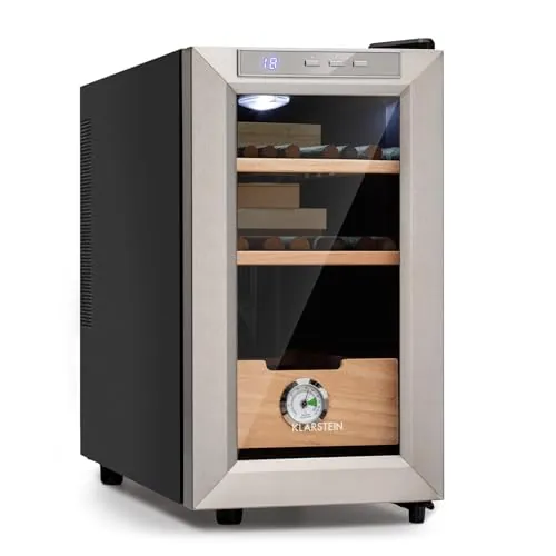 Klarstein El Presidente Humidor para Puros - Armario Humidor Termoeléctrico con Puerta de Cristal, Bandejas de Madera de Cedro, Higrómetro, Luz LED Interior, 23 litros, Plata