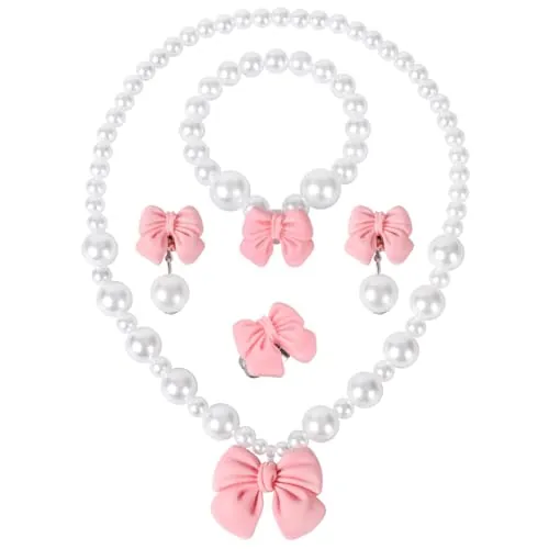 Juego de Joyas de Lazos Perlas para Niños, 5 Piezas Conjunto de Joyas con Collares Pulseras Anillos Pendientes de Clip, Set de joyería de princesa para Cumpleaños Fiesta Vestir Regalos (Rosa)