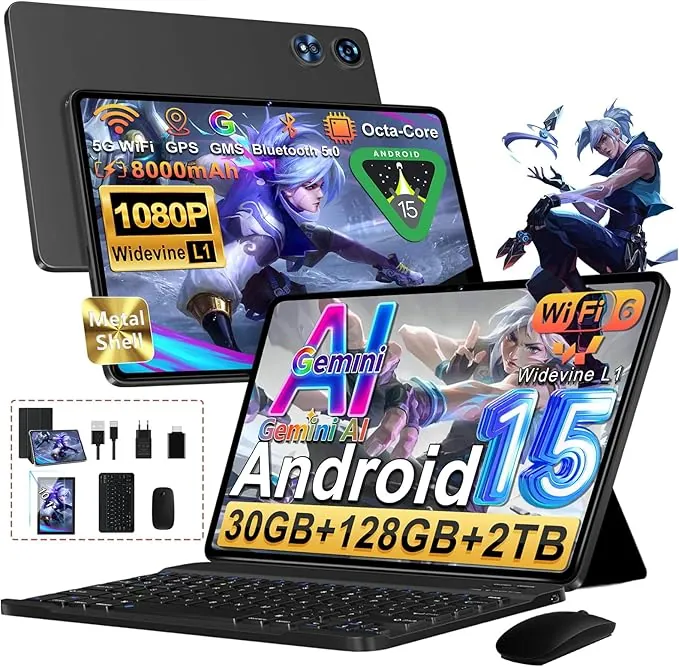 Tablet Android 15 Gemini AI, 128GB ROM+2TB TF, 30 RAM, 10 Pulgadas Tableta táctil con Teclado y ratón, 1280 * 800 IPS HD, Widevine L1, 2.4G/5G WiFi, Octa-Core, 5MP+8MP, BT 5.0, 8000mAh, Metálica Negro
