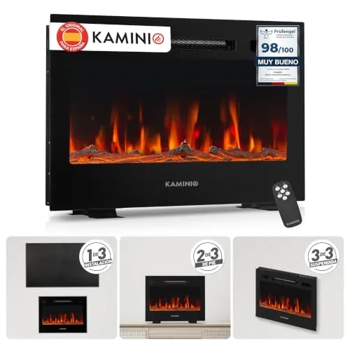 KAMINIO® Marlon Pro 24 Chimenea eléctrica Decorativa con Calefactor | 3 en 1 chimenea empotrable, colgante o de pie, con efecto fuego, termostato, temporizador y mando a distancia, negro