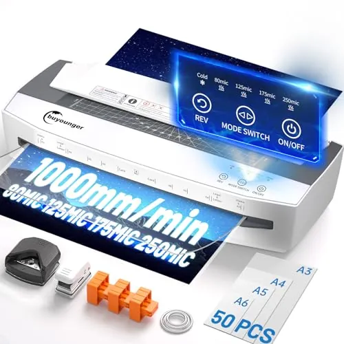 Buyounger Plastificadora A3 de 4 Rodillos, 80-250 Micras con 50 Bolsas