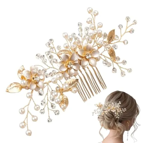 GNALIA Tocados De Pelo Boda, Elegante Tiara De Novia Con Tres Flores Pequeñas, Perlas Y Diamantes De Imitación, Accesorio Para El Cabello De Mujer Y Niña, Color Dorado, Tamaño Estándar, 1 Unidad