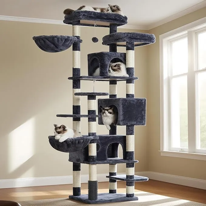 Hey-brother Árbol para Gatos Rascador XXL, Torre de Gatos Multi - Nivel de 188 cm de Altura,con 2 Grandes Plataformas, 3 Cuevas y 2 Cestas, Gris humeado 0EMPJ035-MG