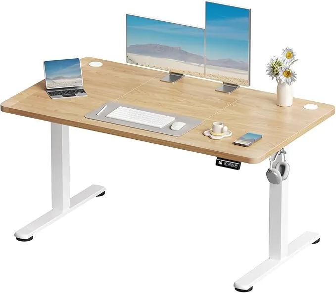 Devoko 120x60 cm Escritorio Regulable en Altura, Escritorio Elevable Eléctrico Telescópico Bidireccional, Escritorio de Oficinay Hogar, para Estudio en Casa con Tablero Ensamblado, Beige