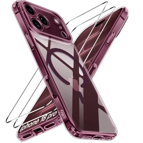 ivoler Clara Funda Magnética para iPhone 18 Pro con 2 Piezas Cristal Templado, Compatible con MagSafe, [Anti-Amarillo] Carcasa Bumper Teléfono Antigolpes Anti-Choques Case, Burdeos