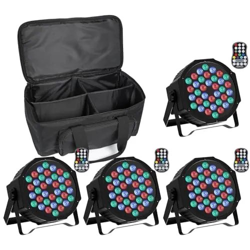 U`King 4PCS Par LED Recargable con Bolsa, RGB 36 LED Focos Luces Escenario con Control Remoto y Función de Temporización, 7 Modos de Iluminación de Escenario y Control DMX para DJ Discoteca Party