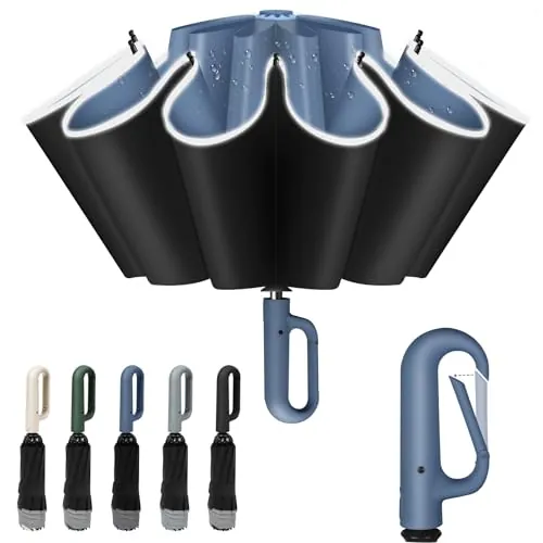 Vicloon Paraguas Plegable, Gran Paraguas de Viaje con Asa de Mosquetón, 10 Varillas/Antiviento/Protección UV/Apertura y Cierre Automático/Mujeres y Hombre (Azul)