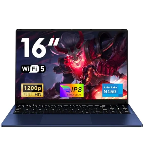 NAIKLULU 16 Pulgadas Ordenador Pc Portatil RAM 16GB SSD 512GB, Processor N150 (1,2 a 3,6GHz) Laptop 2026 Computadora Portatil, 6000Mah/Teclado Completo Retroiluminado/1920x1200P/Webcam