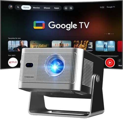 【Google TV/Official Apps/Voice Assistant】 Magcubic Proyector 4K，Proyector Portatil Full HD 1080P, 650 ANSI, Enfoque Automático, Altavoz 15W Dolby Audio, WiFi 5 para Exterior/Cine en Casa