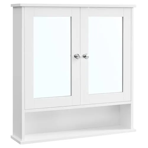 VASAGLE Armario con Espejo, Armario de Baño, a Pared, 65 x 15 x 75 cm | Mueble Alto, con 2 Puertas de Espejo y Compartimento Abierto, Balda Regulable, Blanco, Colección Siren LHC012W01