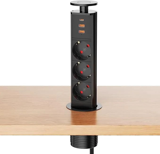 Enchufe empotrable retráctil 3 Tomas con 2×USB-A + 1×USB-C, para Cocina y encimera, regleta retráctil para Mesa, 4000 W/16 A, Cable 1,8 m, Ø60 mm, Negro