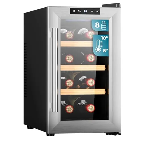 Cecotec Vinoteca 8 Botellas Bolero GrandSommelier 830 CoolWood, Termoeléctrica, Bajo nivel sonoro y alto rendimiento, Temperatura regulable: 8-18ºC, Panel de control táctil, Display, Eco-friendly.