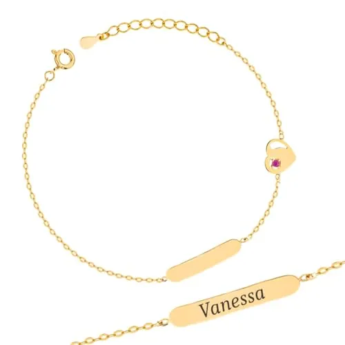 Sakrami Pulsera para niños personalizable de plata 925, placa con nombre y corazón con circonita fucsia, chapado en oro o rodio, regalo para cumpleaños, comunión, confirmación o nacimiento, caja