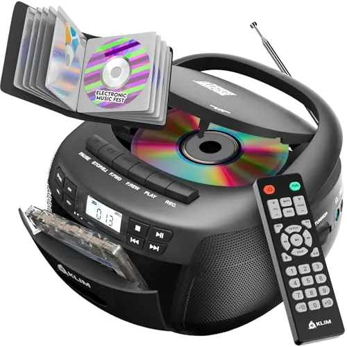 KLIM Reproductor de CD y reproductor de cinta de casete con funda, boombox Bluetooth, radio AM/FM, sonido estéreo, control remoto, combo de CD y casete, grabación de cinta, unidad USB, AUX