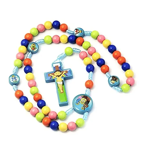 Kimu Collar de rosario con colgante de cruz de Jesús, joyería religiosa para niños y niñas, 8mm/0.31in, Madera, Perla