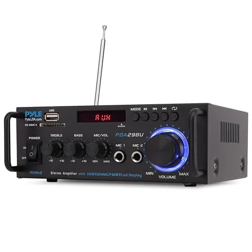 Pyle Amplificador de Potencia estéreo inalámbrico Bluetooth – Sistema Receptor estéreo de Audio de Doble Canal de 200 W con RCA, USB, SD, Mic IN, Radio FM, para Entretenimiento de Cine en casa a