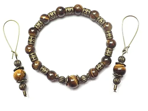 Conjunto de pulsera y pendientes de mujer estilo vintage en ojo de tigre marrón