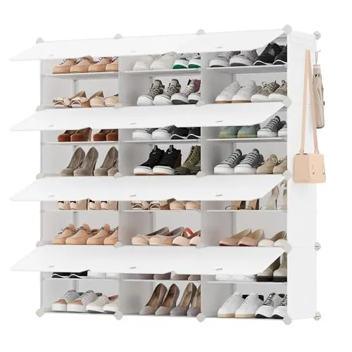 SONGMICS Zapatero, Modular, 48 Pares, 12 Compartimentos | Armario Multiusos, 124,4 x 31,2 x 124,6 cm, Plástico, Antipolvo, Entrada, Blanco Nube, Colección Damion LPC040W02